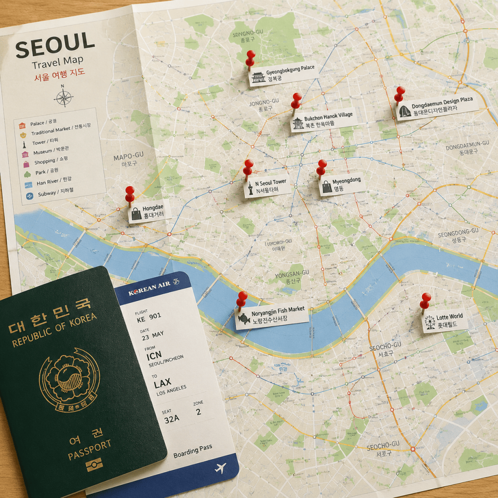 A Seoul travel map with a passport and boarding pass for trip planning